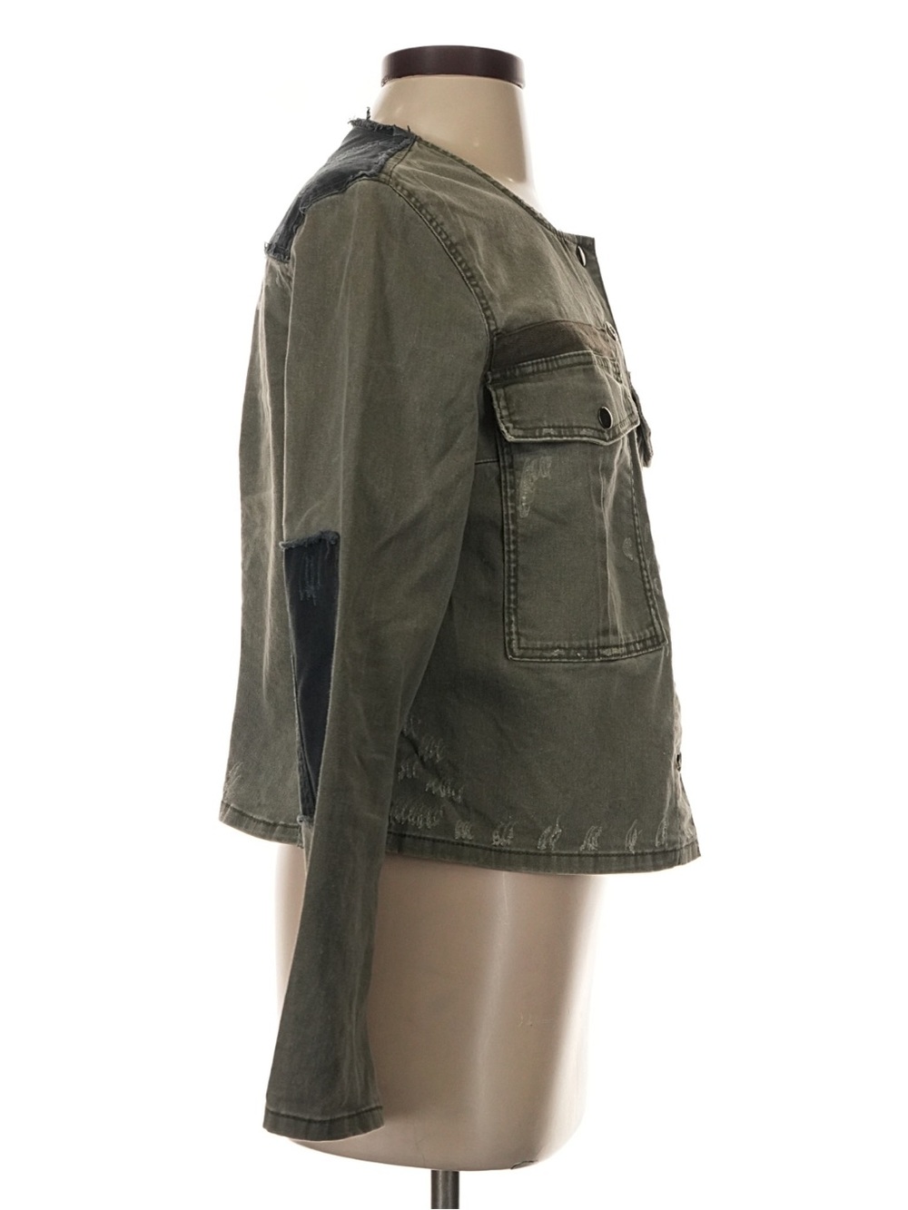 Free People Black Green Button Front Distressed Detail Jacket: Front Pockets• S - Picture 5 of 8